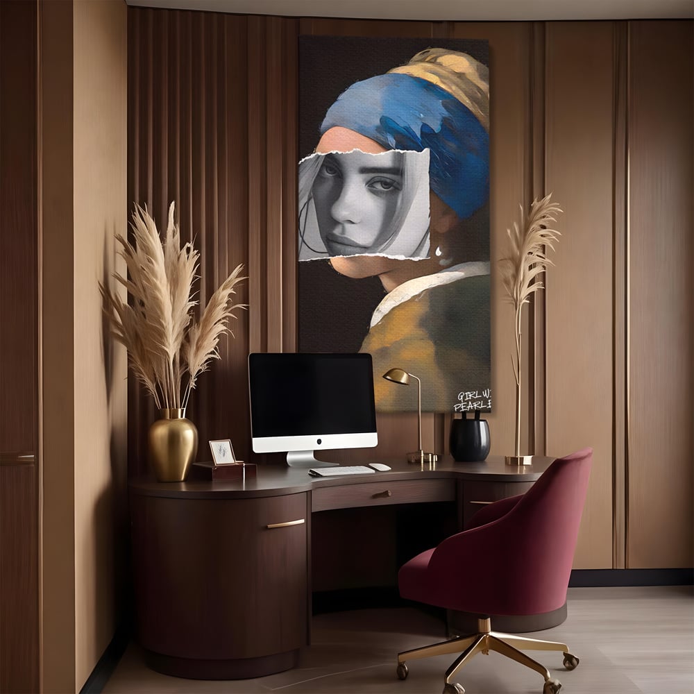 Tablou canvas cu tablou canvas portret feminin modern, fara rama, pe sasiu de lemn, pe perete intr-un birou